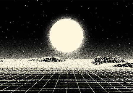 Retro dotwork landscape with 80s styled sun, grid mountains and stars background from old sci-fi book or posterのイラスト素材