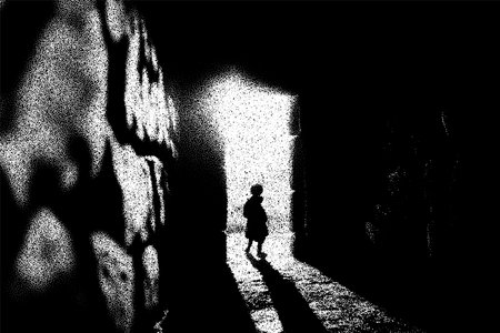 Ancient ruins in sci-fi scene with dotwork retro style. Mysterious gate debris with dramatic lights and retro textureのイラスト素材