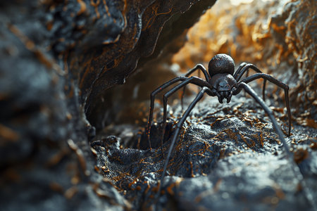 Spider crawling in the cave. Dangerous insect from fairytale. Generated AIの素材
