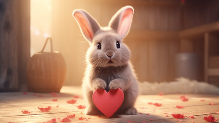 Cute fluffy rabbit hugging red heart. Valentine's Day greetings from romantic bunny holding heart. Generative AIの素材