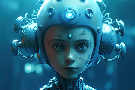 Cyborg or digitally improved boy. Artificial intelligence and technology concept with advanced humanの素材