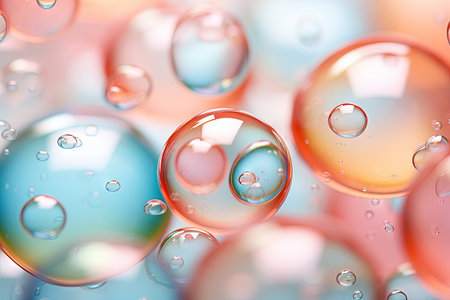 Pink holographic bubbles floating on the soft colorful abstract background in beautiful vivid tonesの素材