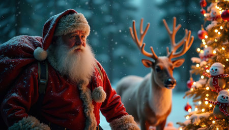 Santa Claus with reindeer beside decorated Christmas tree in snowy forest, holding gift sack on a winter night.の素材
