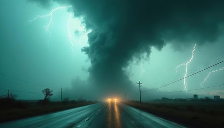 Massive tornado and lightning strike on an open road in a stormy landscape.の素材