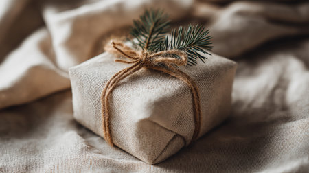 A neatly wrapped Christmas gift box with natural linen fabric and simple twine bow decorated by pine branch on textured beige background.の素材