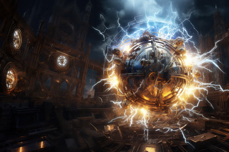 Massive futuristic metallic orb with glowing energy and electric lightning discharges in a dark ruins of sci-fi chamber.の素材