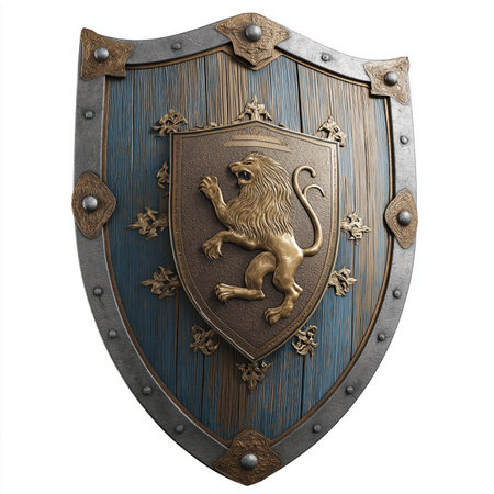 Medieval shield with ornate lion head crest in gold relief and antique silver finish, isolated on white background for heraldic historical concept art.の素材