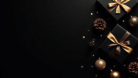 Christmas composition with gift boxes, pinecones, ornaments, and fir branches on a black background.の素材