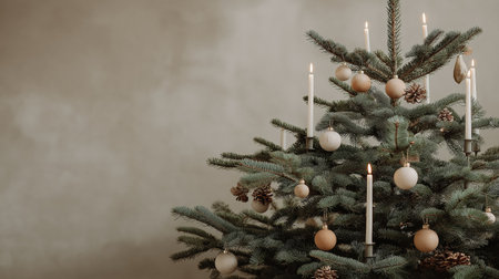 Scandinavian-style Christmas tree with sparse branches decorated with minimal beige ornaments and lit candles.の素材