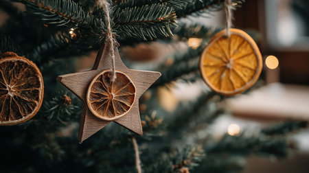 Wooden star ornament and dried orange slice hanging on Christmas tree branch in natural rustic festive decor.の素材