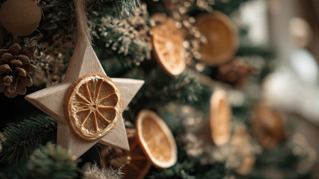 Wooden star ornament and dried orange slice hanging on Christmas tree branch in natural rustic festive decor.の素材