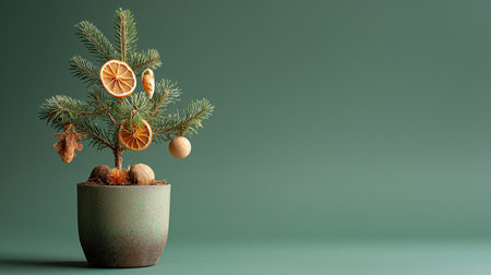 Small potted Christmas tree decorated with natural orange slices and fresh pine branches on wooden table.の素材