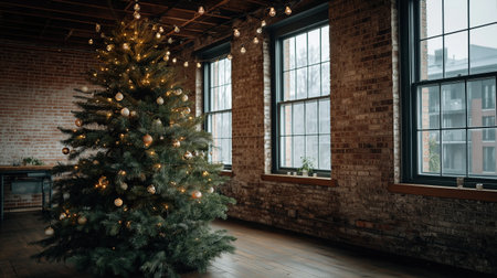 Christmas tree with minimal lights and wrapped gifts in spacious industrial loft with exposed brick wall and wooden floor.の素材