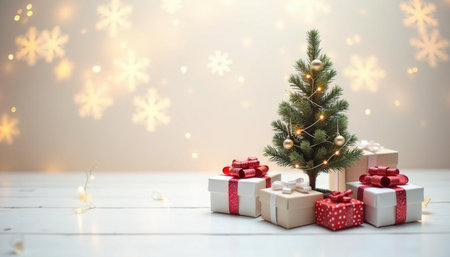 Merry Christmas and happy new year card template with small Christmas tree, gifts and copy space. Generated AI.の素材