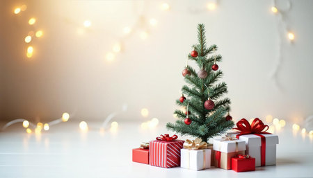 Merry Christmas and happy new year card template with small Christmas tree, gifts and copy space. Generated AI.の素材