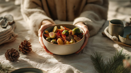 A pair of hands holding a bowl of roasted winter vegetables on a linen table with pinecones, spruce branch, and rustic holiday decor in cozy natural light.の素材