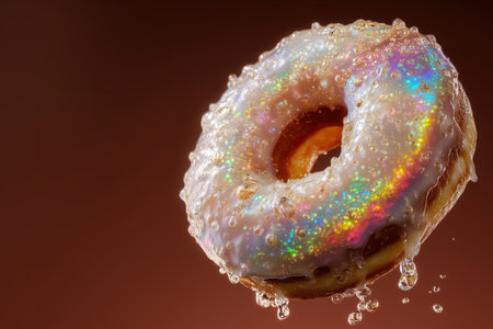 Juicy donut with sparkling pearlescent glaze and glossy syrup drops on vibrant chocolate brown background.の素材
