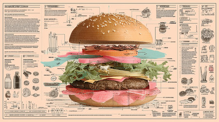 Technical scheme of a deconstructed gourmet hamburger showing layers of bun, lettuce, cheese, beef patty, onions, tomato, and bacon with blueprint annotations and intricate diagram elements.の素材