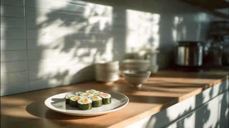 Fresh kimbap rolls with colorful vegetables on white rectangular plate in bright minimalist kitchen with natural sunlight.の素材