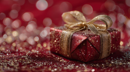 Glittering red Christmas gift box with gold ribbon on sparkling festive background with holographic glitter.の素材
