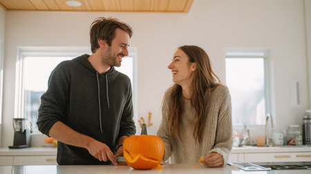 Couple carving orange pumpkin together in bright modern kitchen for Halloween holiday celebration.の素材