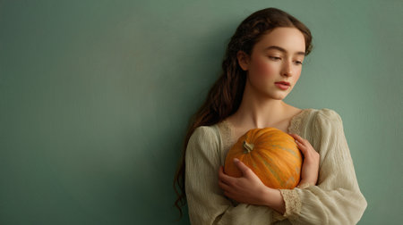 Young woman in vintage dress holding autumn pumpkin against green wall for Halloween or harvest celebration.の素材