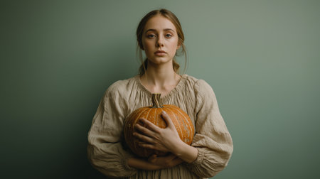 Young woman in vintage dress holding autumn pumpkin against green wall for Halloween or harvest celebration.の素材