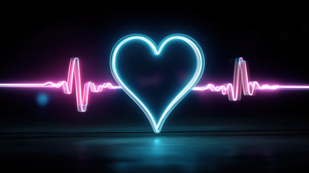 Glowing neon heart shape with ECG pulse line on dark background symbolizing love, health, and heartbeat in modern medical illustration.の素材