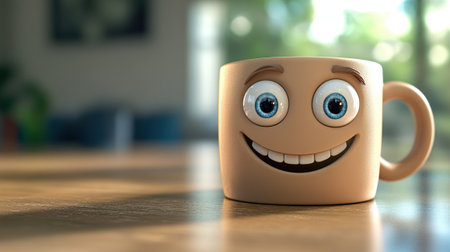 3D cartoon coffee cup with smiling face, large expressive eyes, and cheerful character design sitting on a colorful table surface.の素材