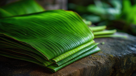 Close-up of fresh banana leaves neatly stacked for use in traditional Indian meal plating and festive serving.の素材