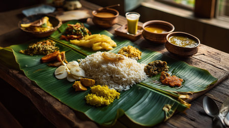Traditional Onam sadya meal with rice and curries served on banana leaf at wooden table in natural light.の素材
