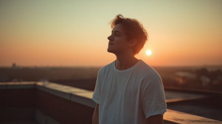 Young casual man with brown hair in white shirt standing on urban rooftop during golden hour sunset.の素材