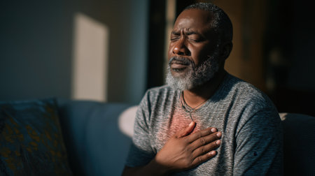 Mature man with gray beard holding chest experiencing heart pain and cardiac discomfort at home.の素材