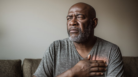 Mature man with gray beard holding chest experiencing heart pain and cardiac discomfort at home.の素材