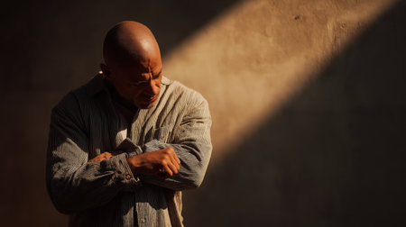 A middle-aged man with shaved head wearing modern grey cotton shirt standing in dramatic light with hands clasped.の素材