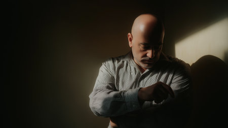 A middle-aged man with shaved head wearing modern grey cotton shirt standing in dramatic light with hands clasped.の素材