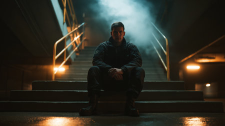 A man with short dark hair sits on steps in a parking garage at night, surrounded by moody cyberpunk lighting and drifting smoke.の素材