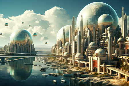 Futuristic circular architecture complex with multilevel terraces and curved ramps. Sci-fi retro futurism landscape.の素材