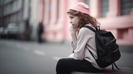 Stylish school girl sitting on the steps outdoors against urban brick wall, wearing dark jacket, skirt, and boots with backpack.の素材