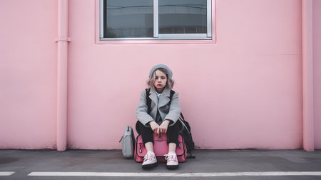 Stylish school girl sitting on the steps outdoors against urban brick wall, wearing dark jacket, skirt, and boots with backpack.の素材