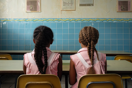 Two schoolgirls with long braided hair sitting together at classroom desk, rear view. Back to school concept.の素材