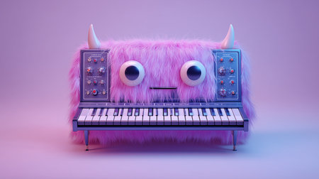 Furry monster synthesizer creature with retro analog keyboard in surreal artistic concept.の素材