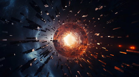 Massive glowing metal HUD ring of a futuristic space station, dramatic sci-fi environment.の素材