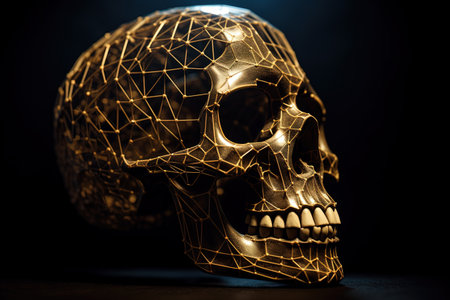 Artistic golden metallic skull with geometric mesh grid design in dramatic moody lighting for science fiction, technology, and abstract art concepts.の素材