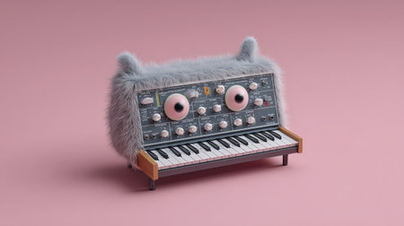 Furry monster synthesizer creature with retro analog keyboard in surreal artistic concept.の素材