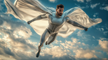 Powerful male superhero soaring through dramatic cloudy sky, with flowing cape in cinematic action poseの素材