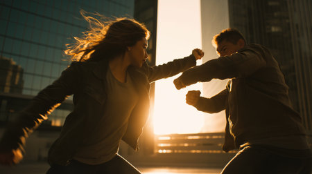 Urban street fighters sparring at sunset with sunlight streaming between skyscrapers in dramatic action scene.の素材