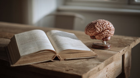 Anatomical brain model and open book placed on wooden desk, in bright study room with indoor plant.の素材