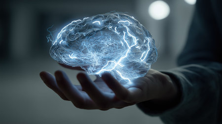 Glowing blue holographic brain projection floating above open human hand, in futuristic technology conceptの素材