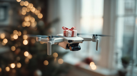 Modern white drone carrying small wrapped Christmas gift with red ribbon flying indoors with festive bokeh lights in background.の素材